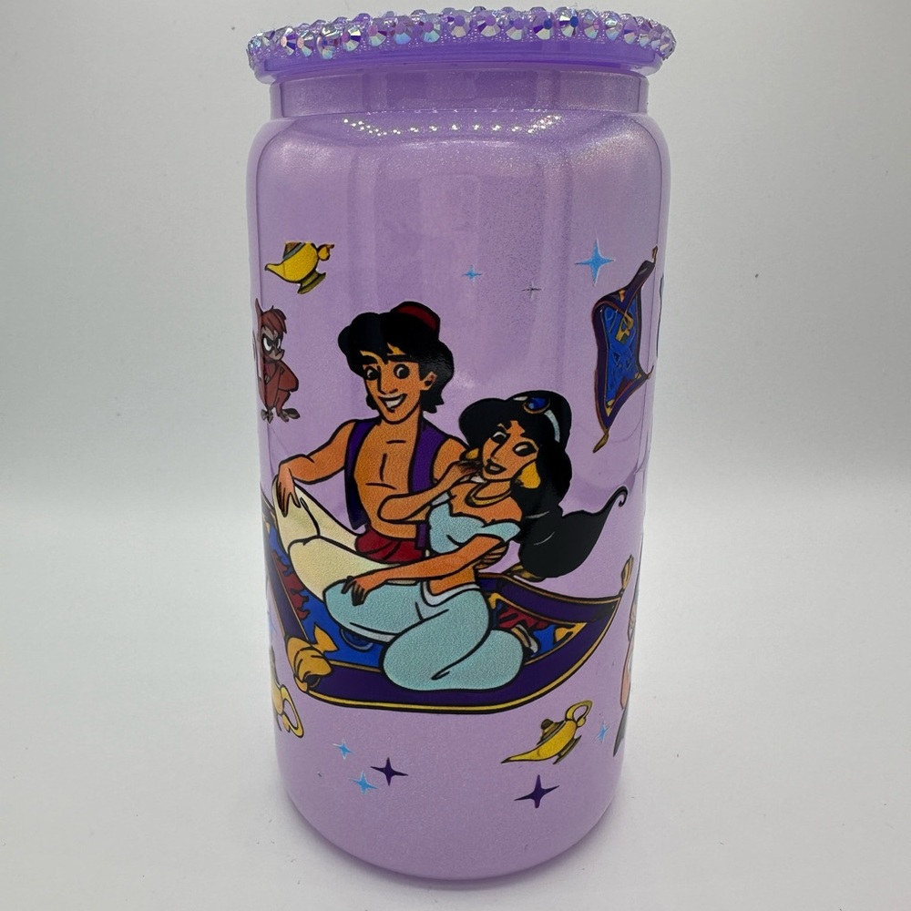 ALADDIN 16oz shimmer LIBBEY glass cup with rhinestone lid & straw